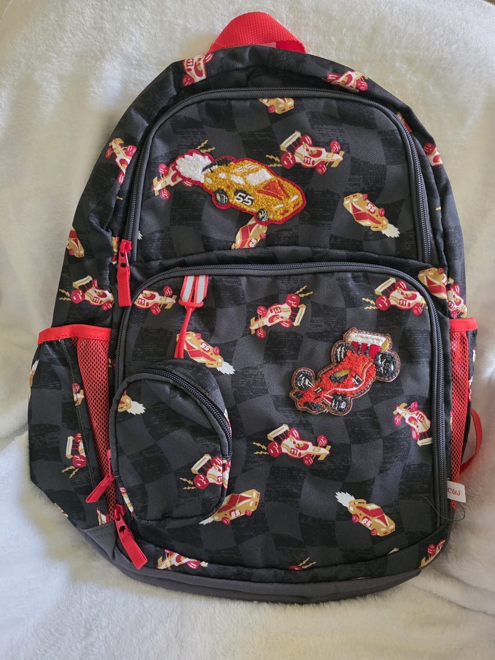 NWT Cat & Jack Kids 17" Race Cars Backpack with Pouch Black Red Target - OOS